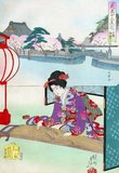A woman leans lightly forward to play a koto. While she appears to be inside, backed by a folding screen and seated near a paper lantern that glows softly, the inset shows blossoming cherry trees around Shinobazu Pond at Ueno, with its shrine to the Buddhist deity Benzaiten.<br/><br/>

Toyohara Chikanobu (豊原周延) (1838–1912), better known to his contemporaries as Yōshū Chikanobu (楊洲周延), was a prolific woodblock artist of Japan's Meiji period. His works capture the transition from the age of the samurai to Meiji modernity.<br/><br/>

In 1875 (Meiji 8), he decided to try to make a living as an artist. He travelled to Tokyo. He found work as an artist for the Kaishin Shimbun. In addition, he produced nishiki-e artworks. In his younger days, he had studied the Kanō school of painting; but his interest was drawn to ukiyo-e.<br/><br/>

Like many ukiyo-e artists, Chikanobu turned his attention towards a great variety of subjects. His work ranged from Japanese mythology to depictions of the battlefields of his lifetime to women's fashions. As well as a number of the other artists of this period, he too portrayed kabuki actors in character, and is well-known for his impressions of the mie (formal pose) of kabuki productions.<br/><br/>

Chikanobu was known as a master of bijinga, images of beautiful women, and for illustrating changes in women's fashion, including both traditional and Western clothing. His work illustrated the changes in coiffures and make-up across time. For example, in Chikanobu's images in Mirror of Ages (1897), the hair styles of the Tenmei era, 1781-1789 are distinguished from those of the Keio era, 1865-1867.