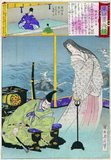 In a dream, the Daughter of the Dragon King appeared to Minamoto Mitsunaka (912-997), father of Yorimitsu and founder of the Tada Genji lineage (1886).<br/><br/>

Toyohara Chikanobu (豊原周延) (1838–1912), better known to his contemporaries as Yōshū Chikanobu (楊洲周延), was a prolific woodblock artist of Japan's Meiji period. His works capture the transition from the age of the samurai to Meiji modernity.<br/><br/>

In 1875 (Meiji 8), he decided to try to make a living as an artist. He travelled to Tokyo. He found work as an artist for the Kaishin Shimbun. In addition, he produced nishiki-e artworks. In his younger days, he had studied the Kanō school of painting; but his interest was drawn to ukiyo-e.<br/><br/>

Like many ukiyo-e artists, Chikanobu turned his attention towards a great variety of subjects. His work ranged from Japanese mythology to depictions of the battlefields of his lifetime to women's fashions. As well as a number of the other artists of this period, he too portrayed kabuki actors in character, and is well-known for his impressions of the mie (formal pose) of kabuki productions.<br/><br/>

Chikanobu was known as a master of bijinga, images of beautiful women, and for illustrating changes in women's fashion, including both traditional and Western clothing. His work illustrated the changes in coiffures and make-up across time. For example, in Chikanobu's images in Mirror of Ages (1897), the hair styles of the Tenmei era, 1781-1789 are distinguished from those of the Keio era, 1865-1867.